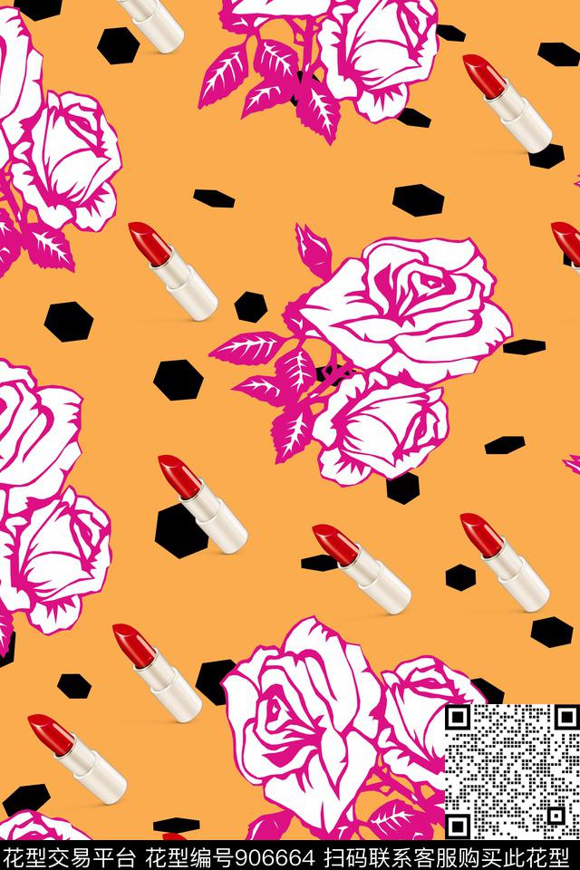 玫瑰花写意口红数码印花华亿平台下载（图片编号: 906664） - 瓦栏（Walan）