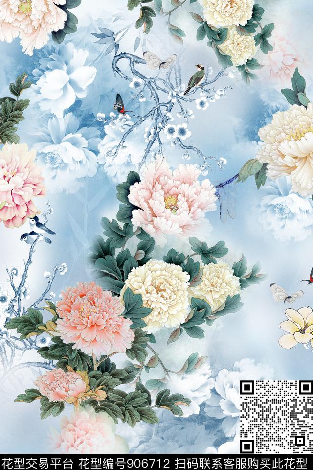 牡丹中国风朦胧花卉数码印花华亿平台下载（图片编号: 906712） - 瓦栏（Walan）