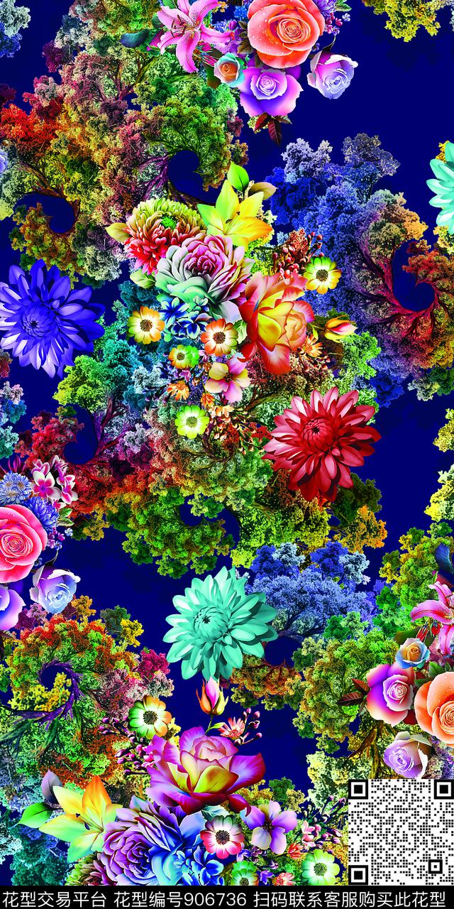 抽象花卉珊瑚数码印花华亿平台下载（图片编号: 906736） - 瓦栏（Walan）