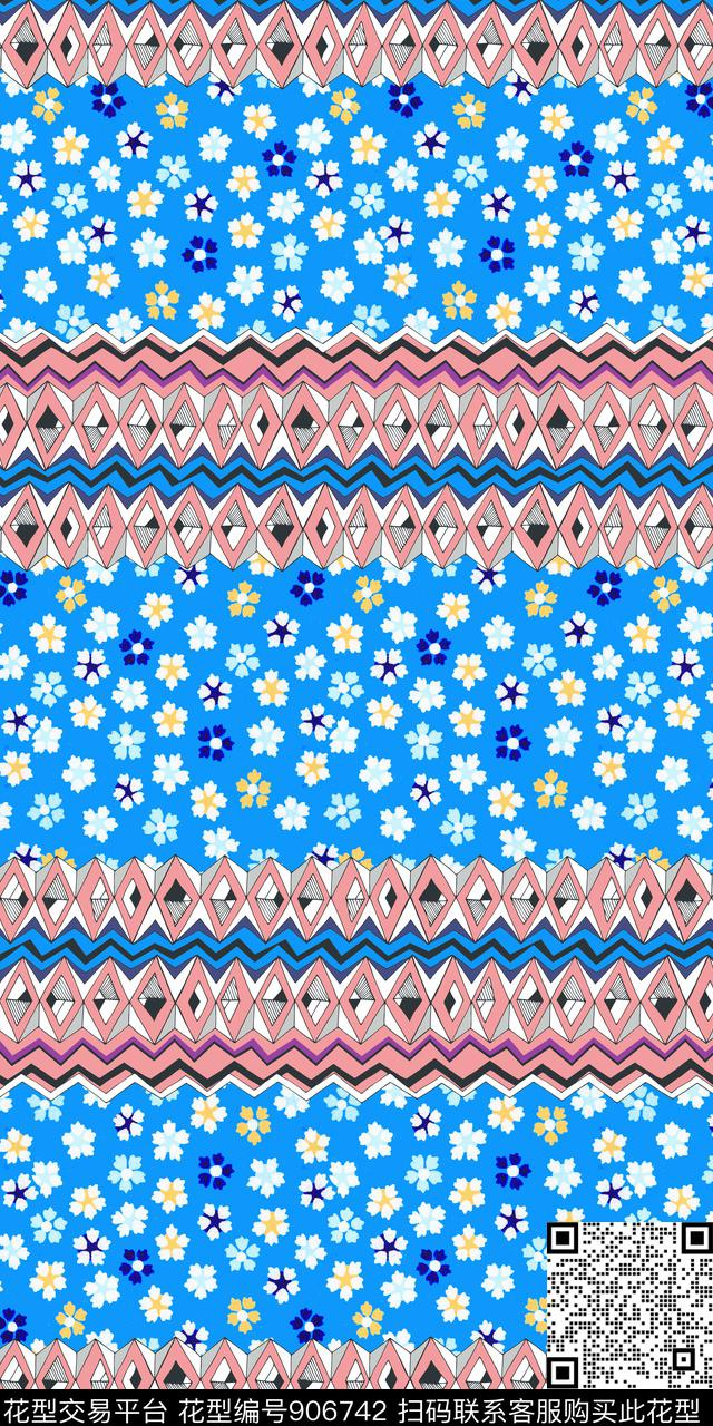 几何花卉定位花传统印花华亿平台下载（图片编号: 906742） - 瓦栏（Walan）