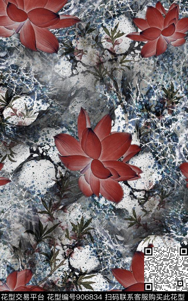抽象花卉民族风数码印花华亿平台下载（图片编号: 906834） - 瓦栏（Walan）