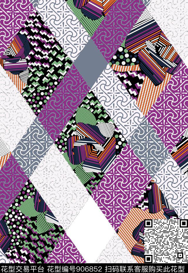 混合拼接花卉几何传统印花华亿平台下载（图片编号: 906852） - 瓦栏（Walan）