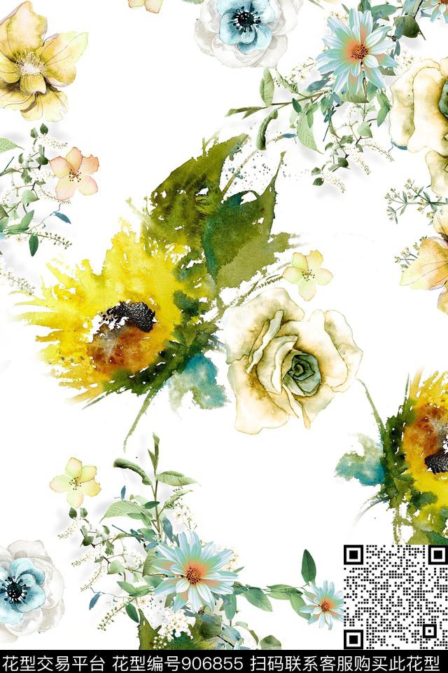 抽象水彩花卉清爽底色花数码印花华亿平台下载（图片编号: 906855） - 瓦栏（Walan）