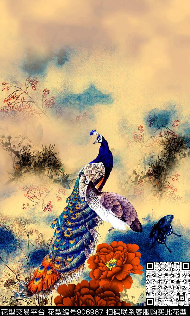 孔雀花卉牡丹数码印花华亿平台下载（图片编号: 906967） - 瓦栏（Walan）