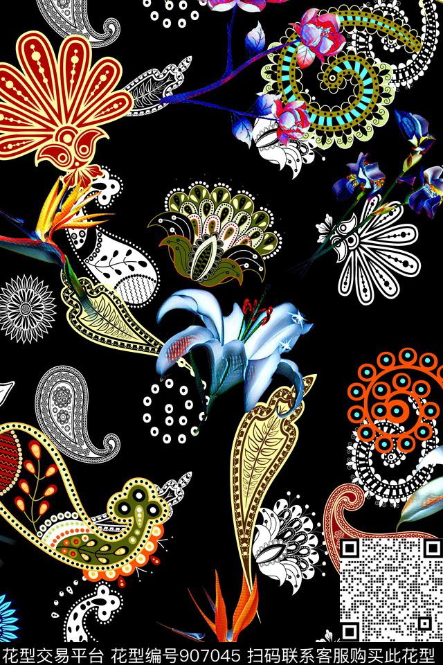 佩斯利清爽花卉手绘艺术数码印花华亿平台下载（图片编号: 907045） - 瓦栏（Walan）