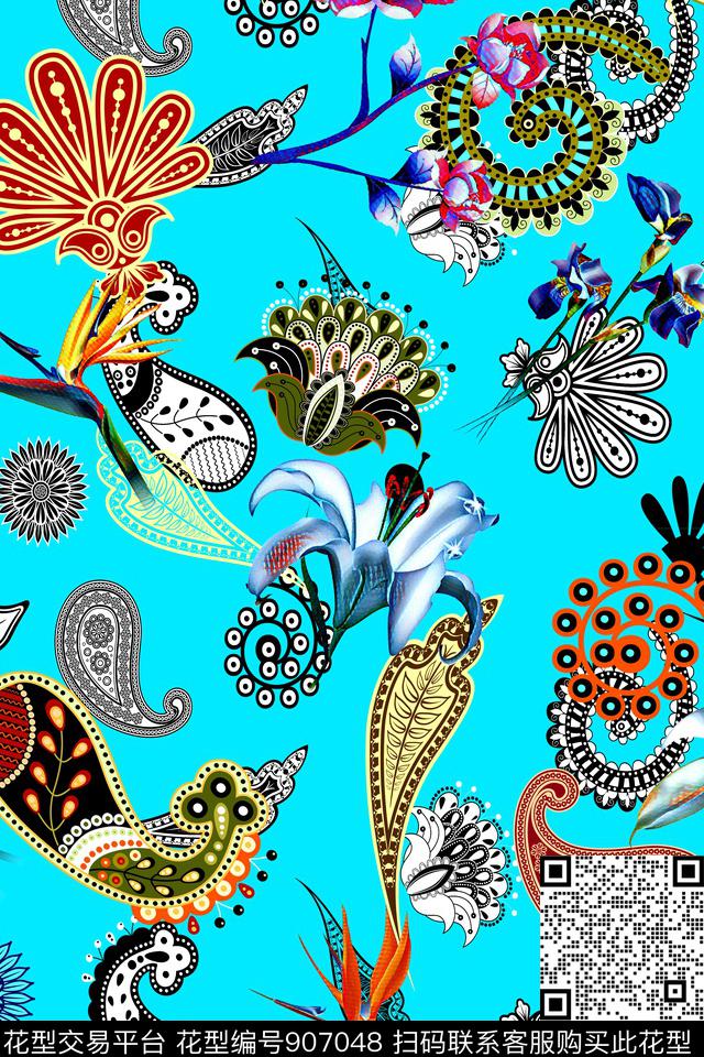 佩斯利清爽花卉手绘艺术数码印花华亿平台下载（图片编号: 907048） - 瓦栏（Walan）