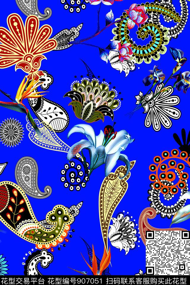 佩斯利清爽花卉手绘艺术数码印花华亿平台下载（图片编号: 907051） - 瓦栏（Walan）
