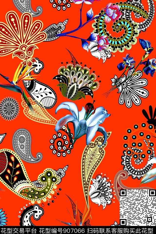 佩斯利清爽花卉手绘艺术数码印花华亿平台下载（图片编号: 907066） - 瓦栏（Walan）