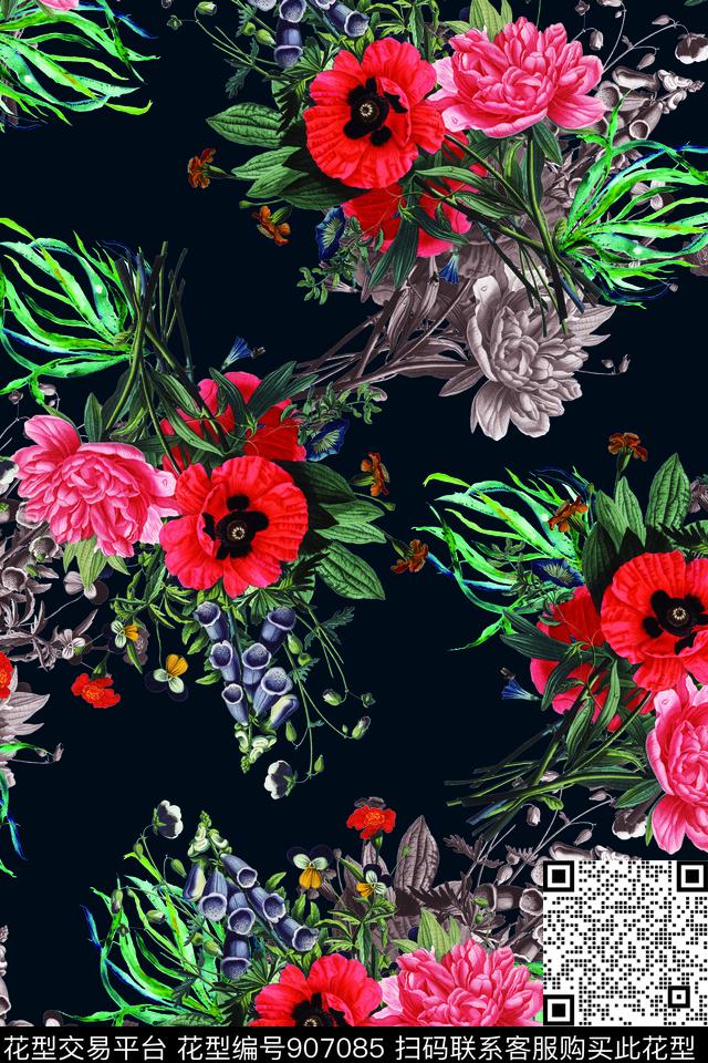 花卉月季花小碎花数码印花华亿平台下载（图片编号: 907085） - 瓦栏（Walan）