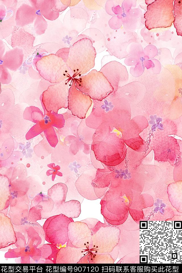 清爽底色花桃花樱花数码印花华亿平台下载（图片编号: 907120） - 瓦栏（Walan）