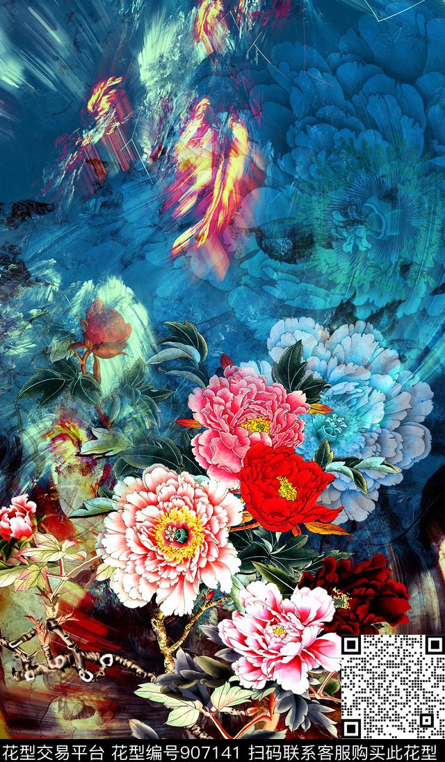 中国风定位花牡丹定位花数码印花华亿平台下载（图片编号: 907141） - 瓦栏（Walan）