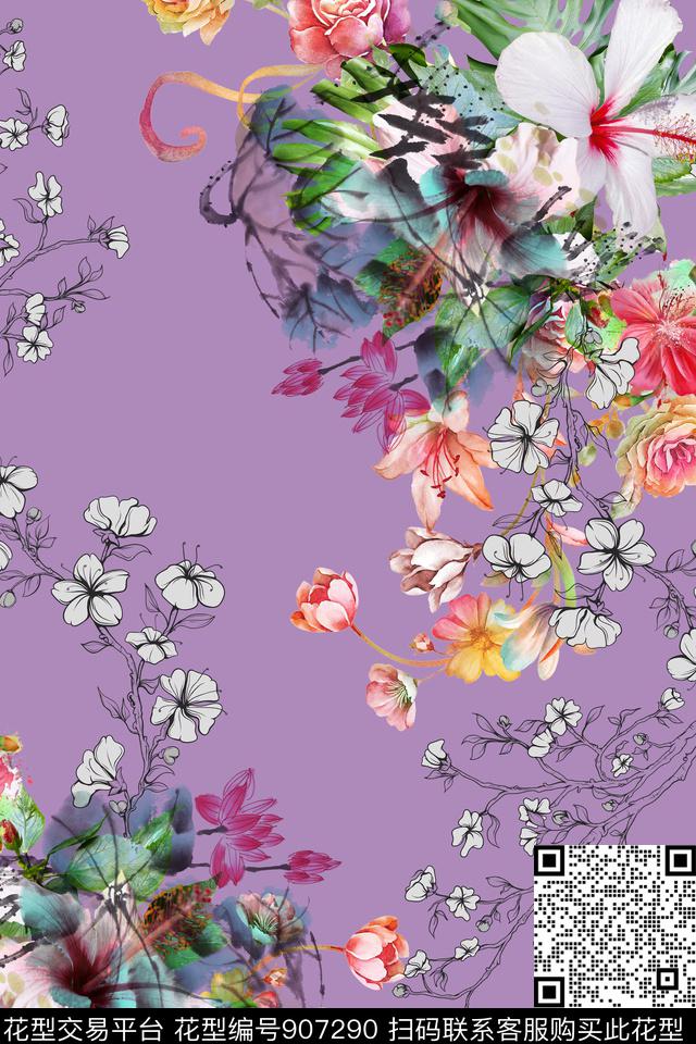 花卉清爽底色花水墨风数码印花华亿平台下载（图片编号: 907290） - 瓦栏（Walan）