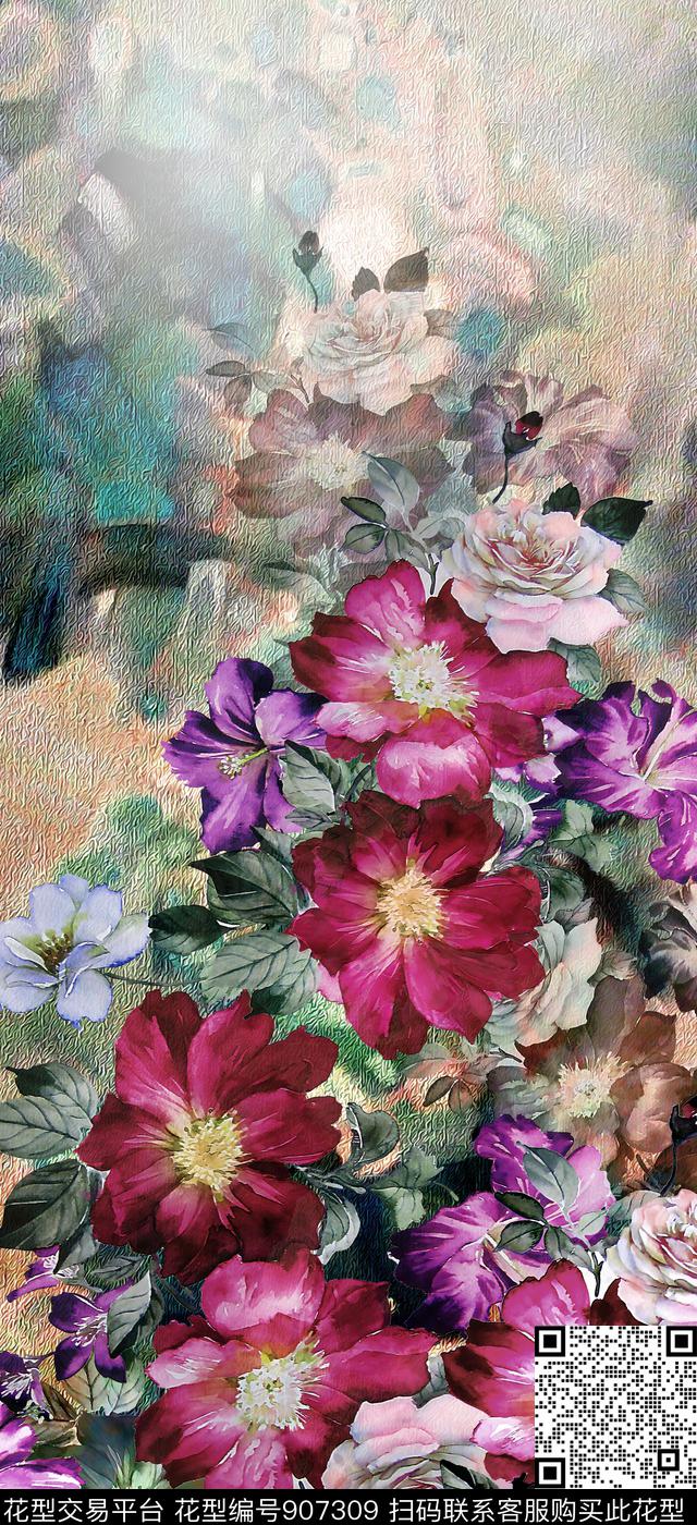 数码华亿平台手绘花卉定位花数码印花华亿平台下载（图片编号: 907309） - 瓦栏（Walan）