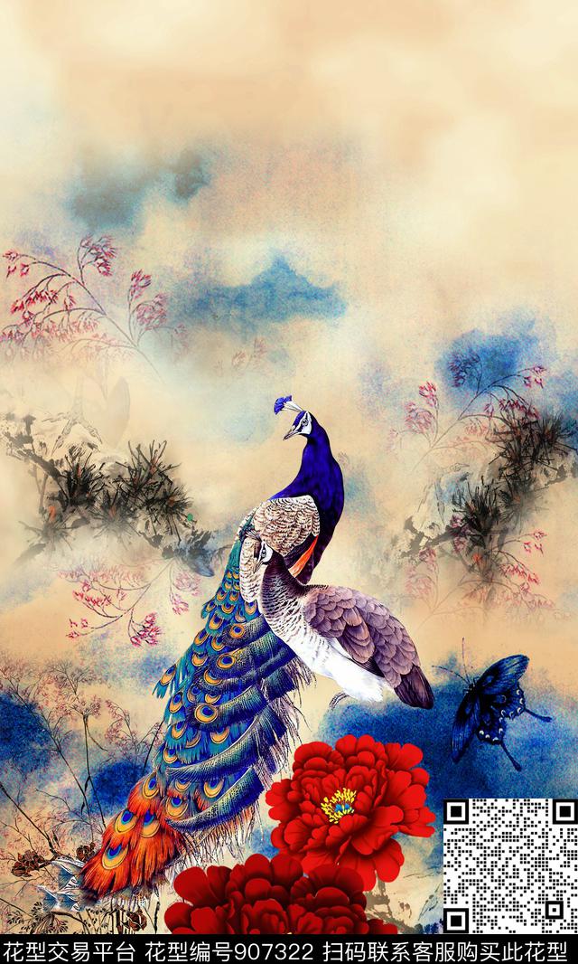 孔雀花卉牡丹数码印花华亿平台下载（图片编号: 907322） - 瓦栏（Walan）