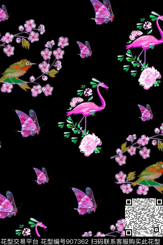 大牌风天堂鸟花卉数码印花华亿平台下载（图片编号: 907362） - 瓦栏（Walan）