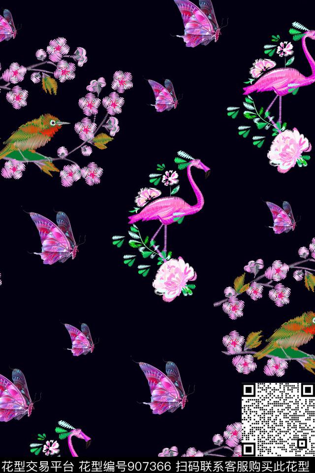 大牌风天堂鸟花卉数码印花华亿平台下载（图片编号: 907366） - 瓦栏（Walan）