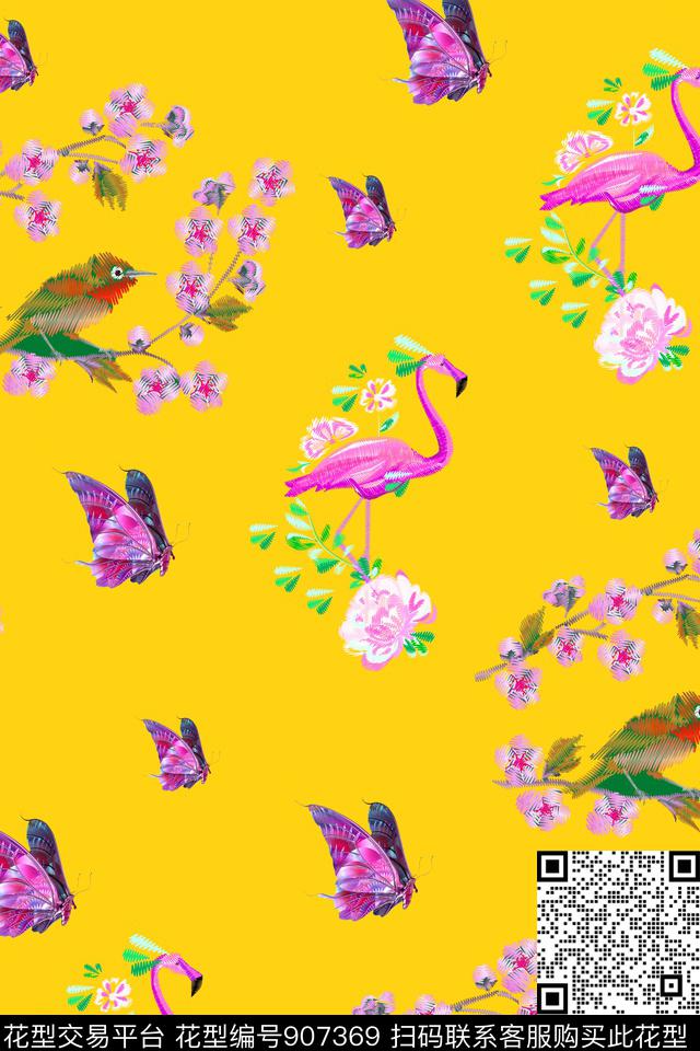 大牌风天堂鸟花卉数码印花华亿平台下载（图片编号: 907369） - 瓦栏（Walan）