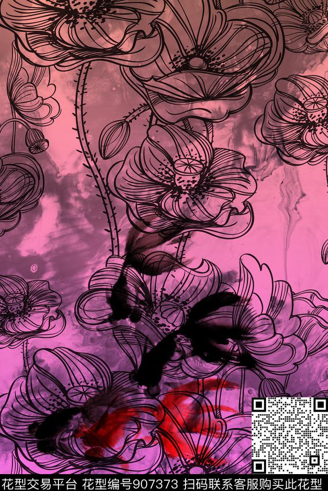 花卉大花中国风数码印花华亿平台下载（图片编号: 907373） - 瓦栏（Walan）