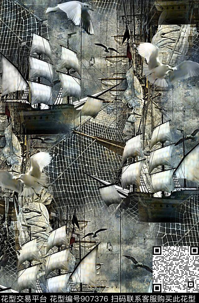 复古潮牌航海风数码印花华亿平台下载（图片编号: 907376） - 瓦栏（Walan）