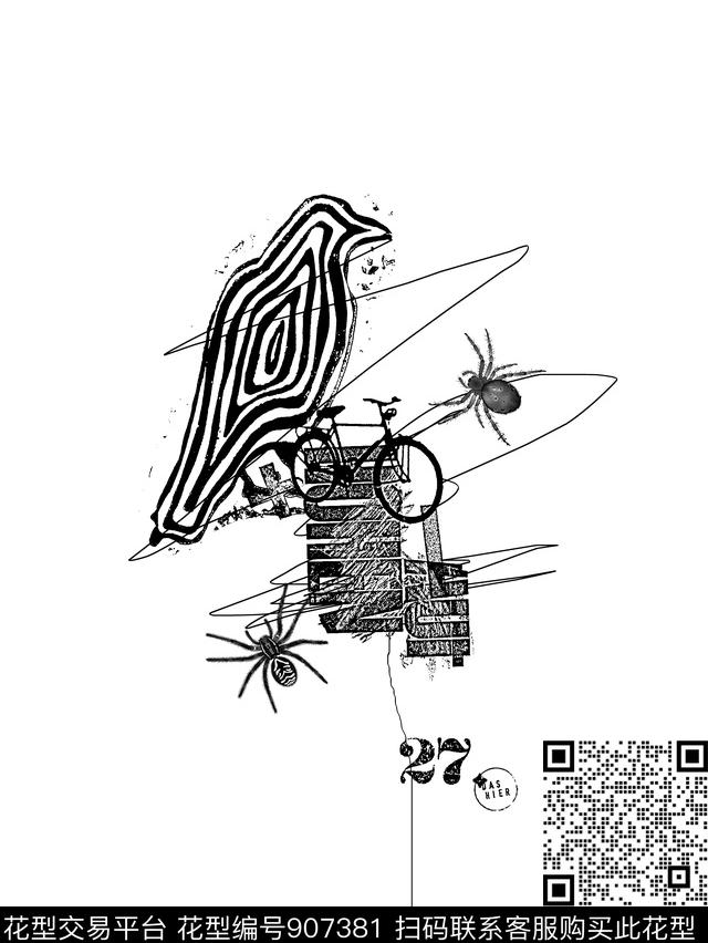 蜘蛛昆虫鸟传统印花华亿平台下载（图片编号: 907381） - 瓦栏（Walan）