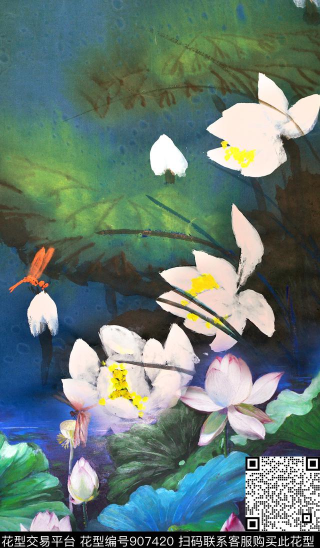 中国风定位花荷花定位花数码印花华亿平台下载（图片编号: 907420） - 瓦栏（Walan）