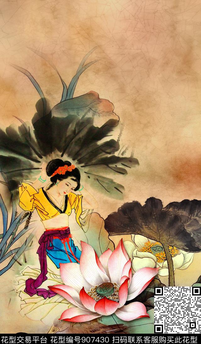 香云纱荷花定位花数码印花华亿平台下载（图片编号: 907430） - 瓦栏（Walan）