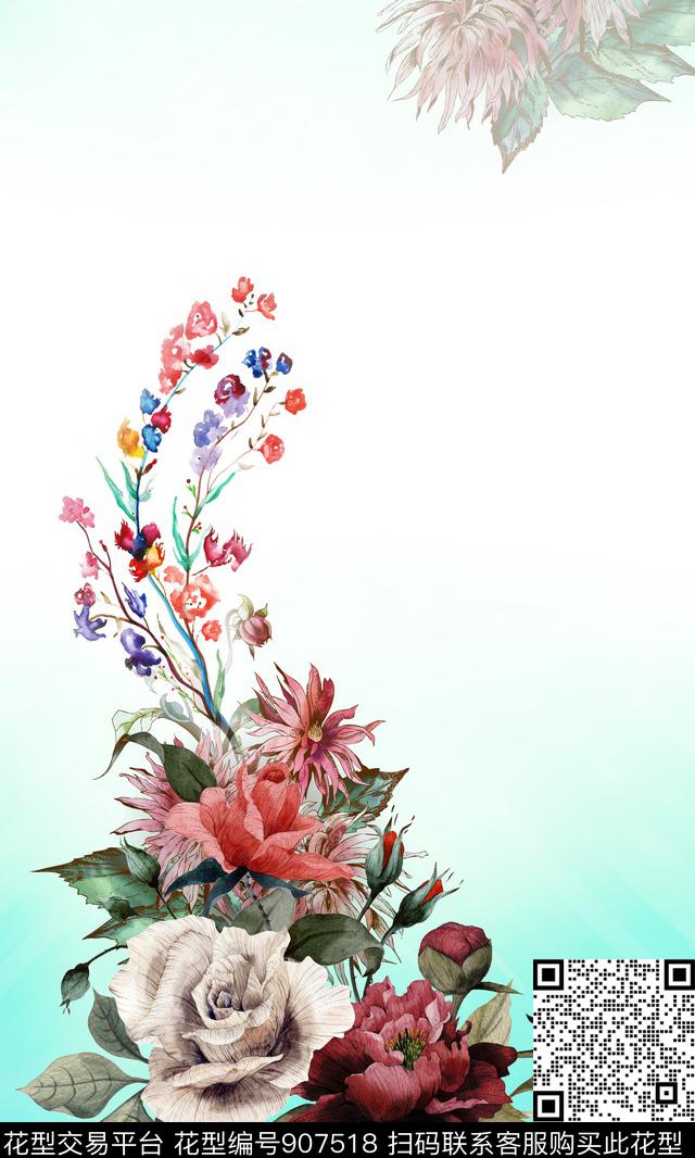 渐变花卉朦胧花卉数码印花华亿平台下载（图片编号: 907518） - 瓦栏（Walan）