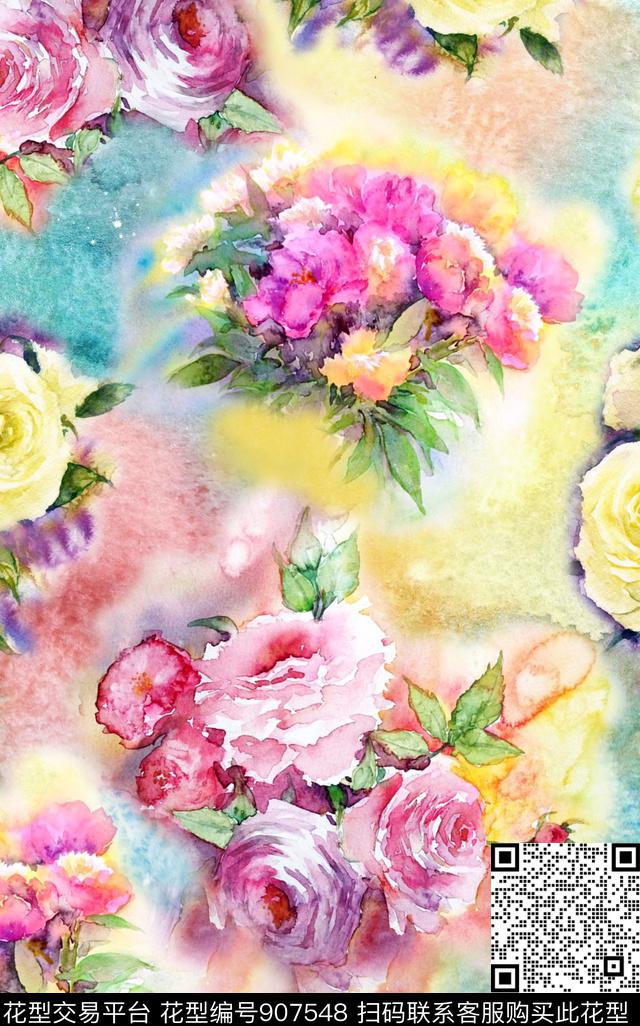花卉水彩花卉晕染花数码印花华亿平台下载（图片编号: 907548） - 瓦栏（Walan）