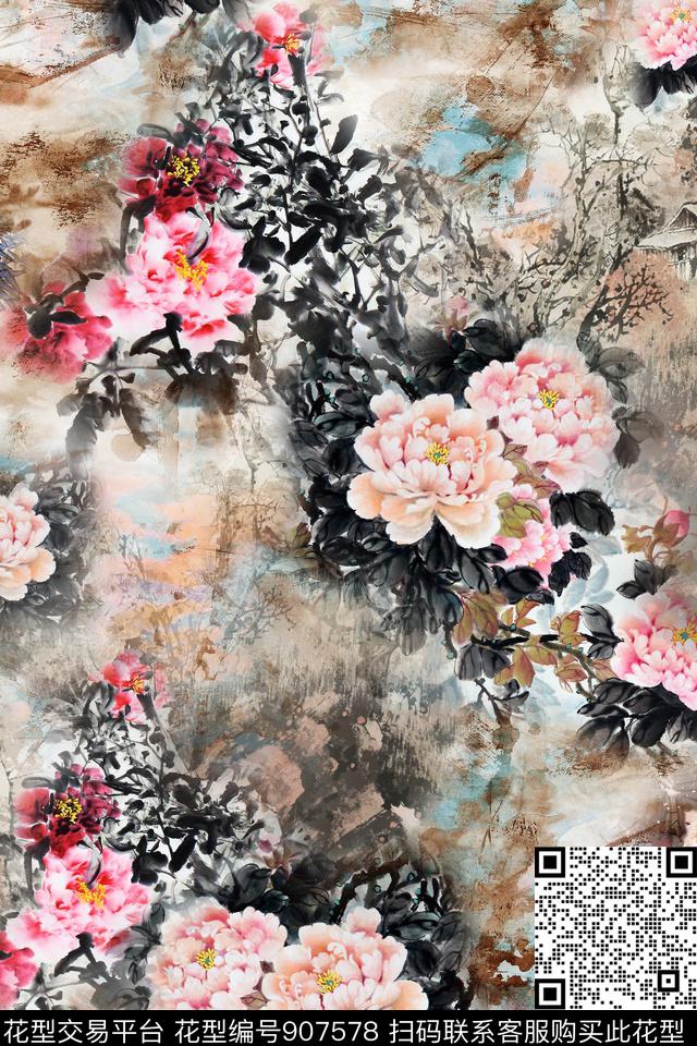 牡丹中国风水墨风数码印花华亿平台下载（图片编号: 907578） - 瓦栏（Walan）