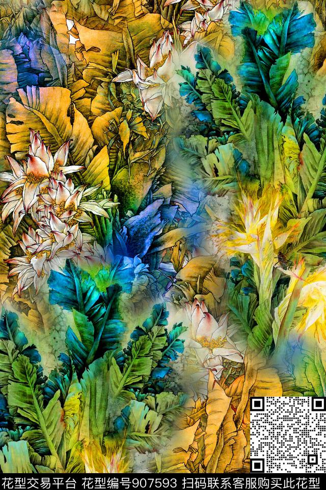棕榈树花卉绿植树叶数码印花华亿平台下载（图片编号: 907593） - 瓦栏（Walan）