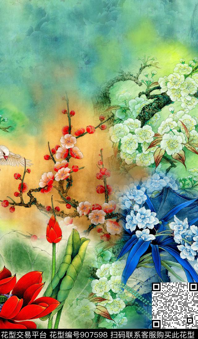 花卉中国风水彩花卉数码印花华亿平台下载（图片编号: 907598） - 瓦栏（Walan）