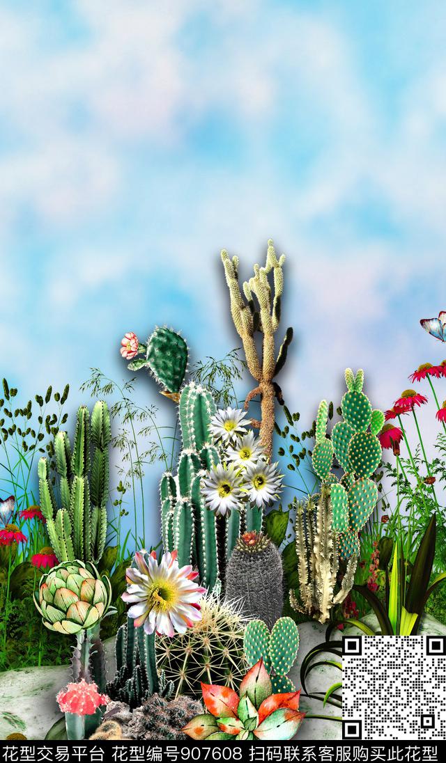 多肉仙人掌花卉数码印花华亿平台下载（图片编号: 907608） - 瓦栏（Walan）