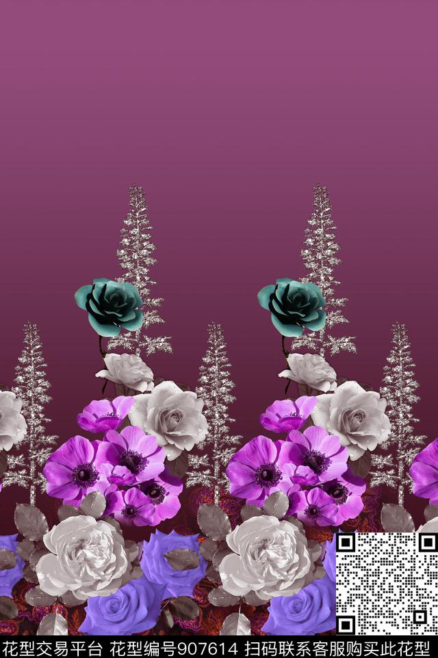 大牌风渐变花卉植物数码印花华亿平台下载（图片编号: 907614） - 瓦栏（Walan）