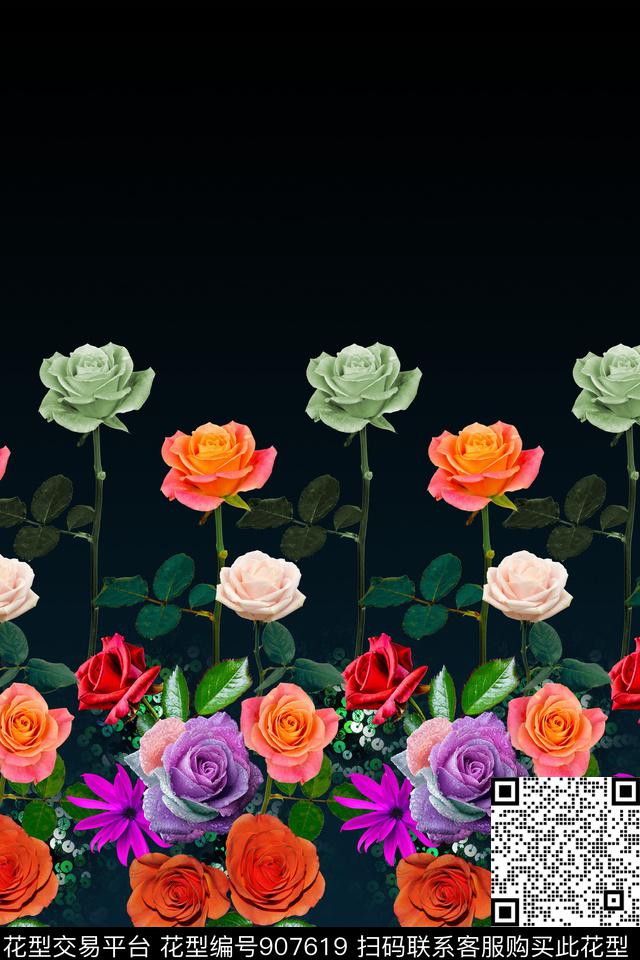 大牌风渐变花卉植物数码印花华亿平台下载（图片编号: 907619） - 瓦栏（Walan）