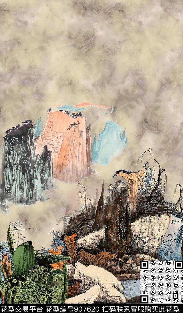 中国风风景景观国画数码印花华亿平台下载（图片编号: 907620） - 瓦栏（Walan）