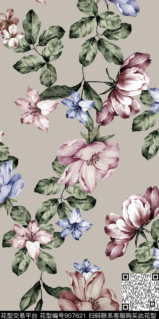 花卉手绘花卉女装数码印花华亿平台下载（图片编号: 907621） - 瓦栏（Walan）