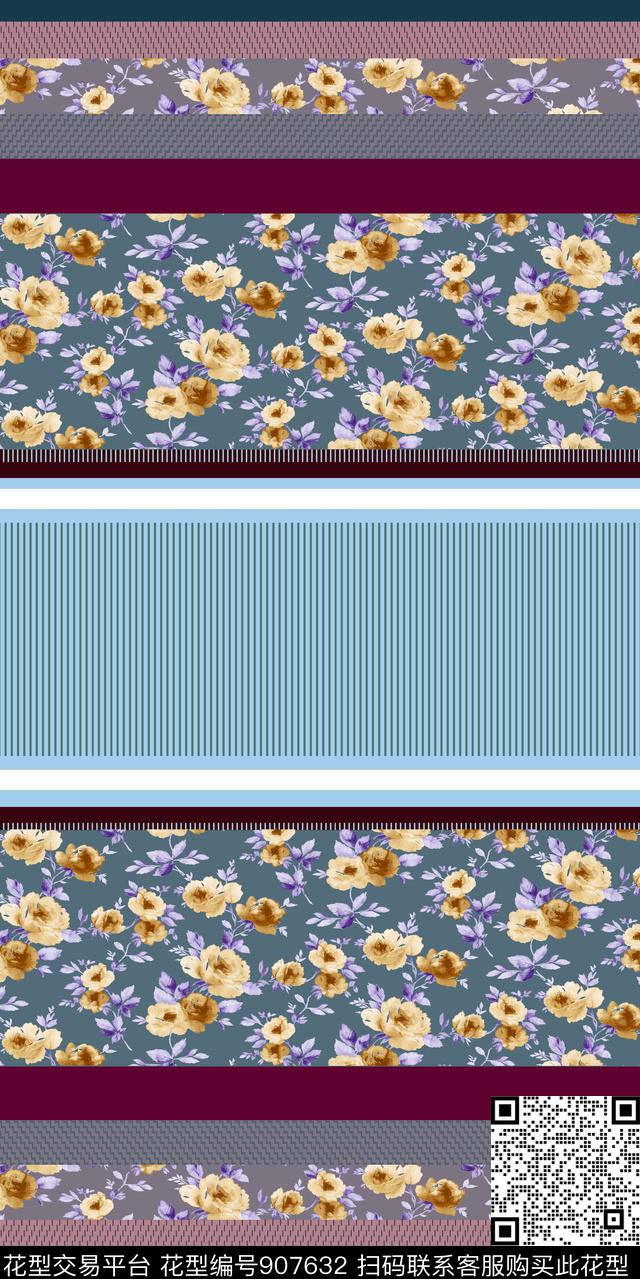 长巾民族花卉定位花传统印花华亿平台下载（图片编号: 907632） - 瓦栏（Walan）