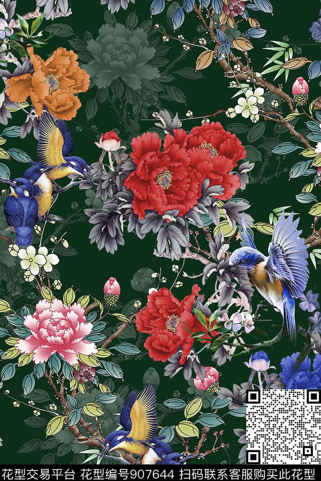 中国风牡丹复古鸟数码印花华亿平台下载（图片编号: 907644） - 瓦栏（Walan）