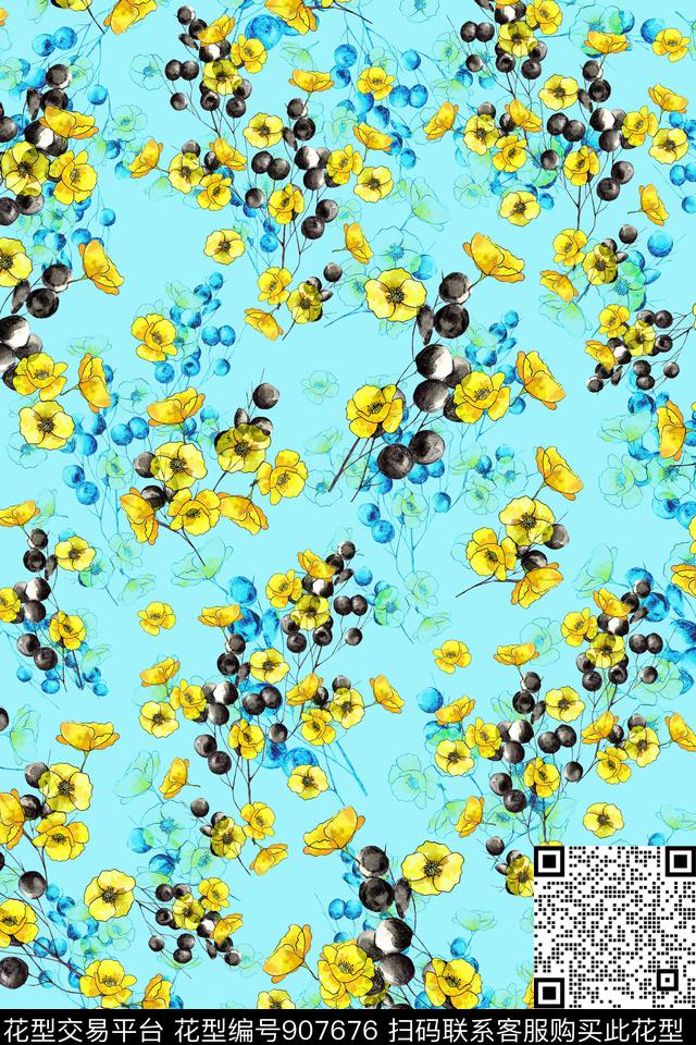 手绘花卉简欧满版散花数码印花华亿平台下载（图片编号: 907676） - 瓦栏（Walan）