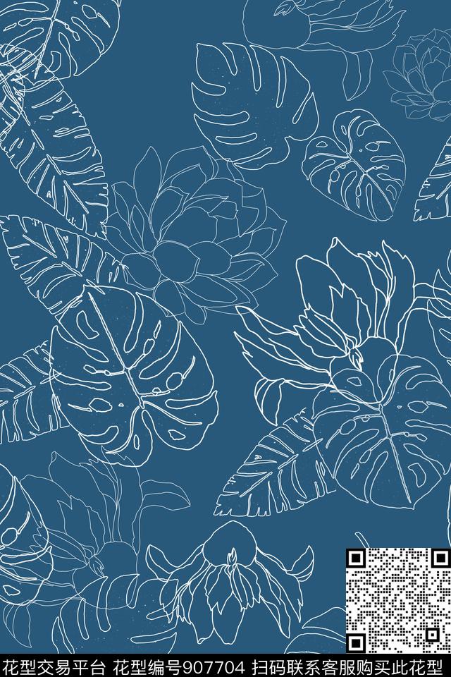 绿植树叶多肉线条花卉传统印花华亿平台下载（图片编号: 907704） - 瓦栏（Walan）