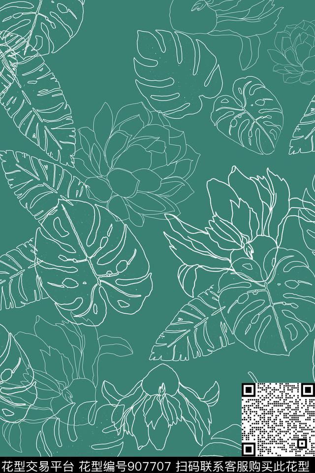 绿植树叶多肉线条花卉传统印花华亿平台下载（图片编号: 907707） - 瓦栏（Walan）