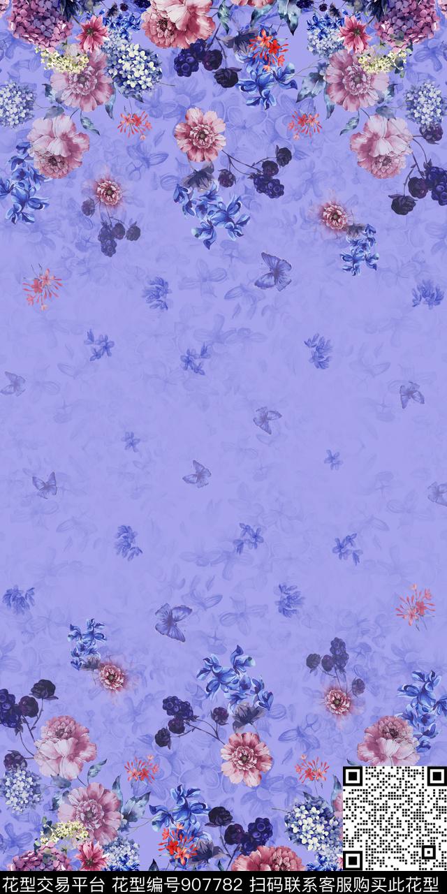 手绘花卉长巾大花数码印花华亿平台下载（图片编号: 907782） - 瓦栏（Walan）
