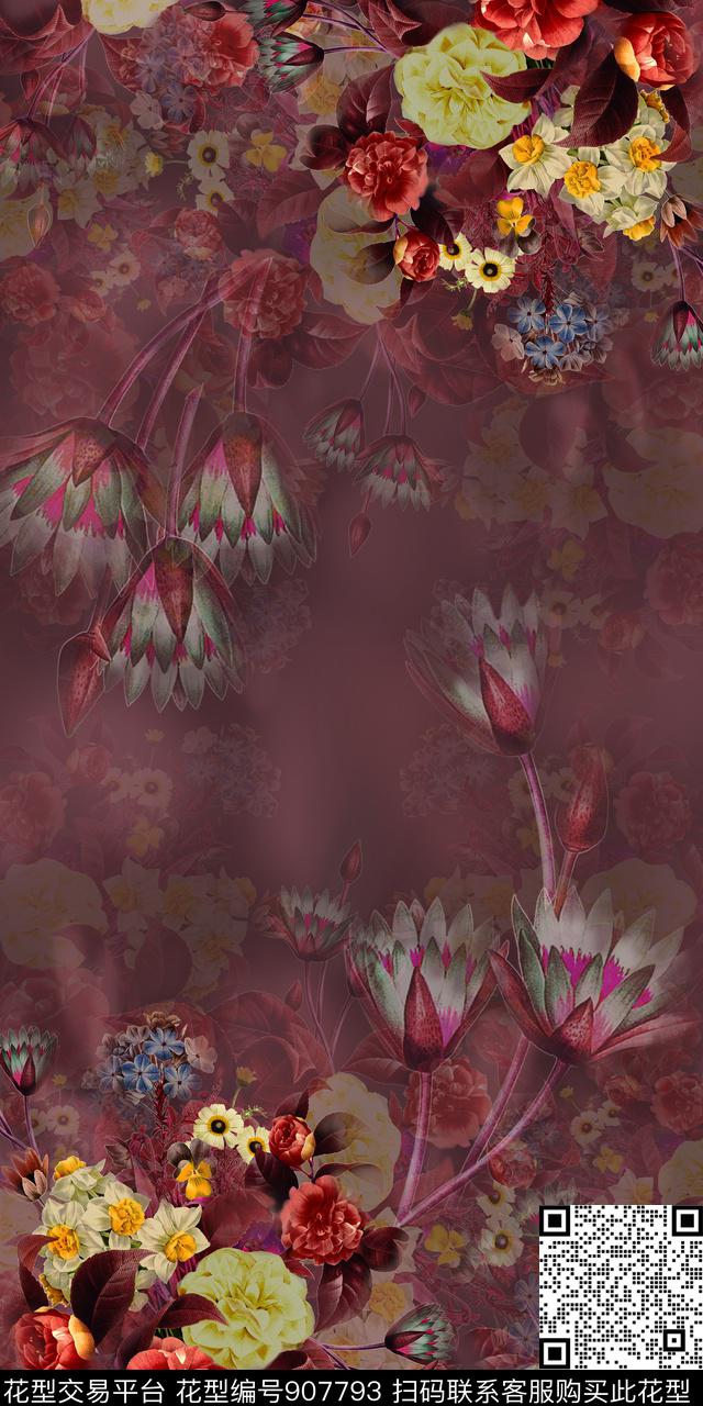 手绘花卉长巾大花数码印花华亿平台下载（图片编号: 907793） - 瓦栏（Walan）