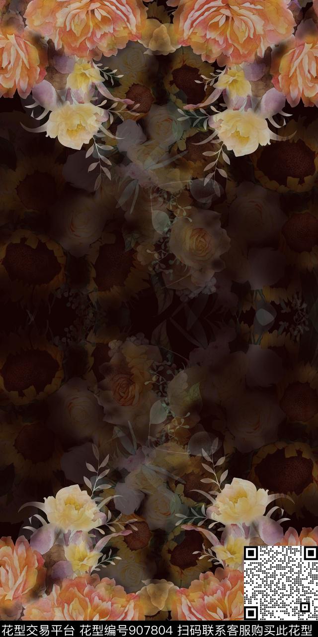 朦胧花卉手绘花卉大花数码印花华亿平台下载（图片编号: 907804） - 瓦栏（Walan）