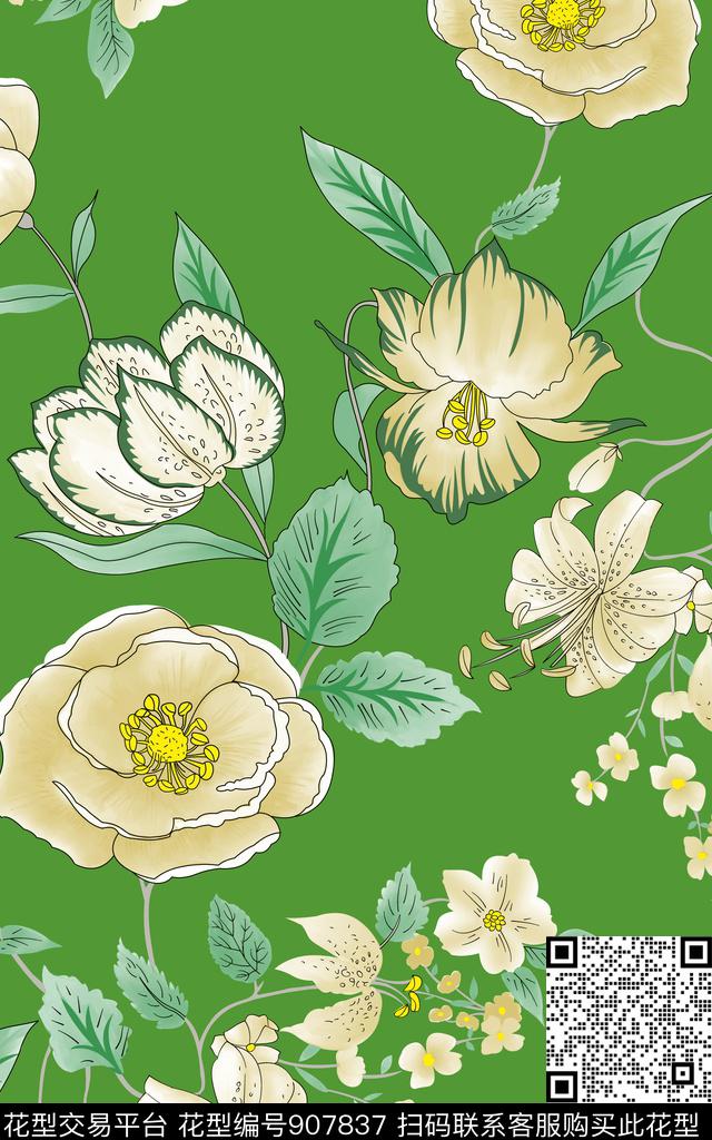 植物绿植树叶花卉传统印花华亿平台下载（图片编号: 907837） - 瓦栏（Walan）