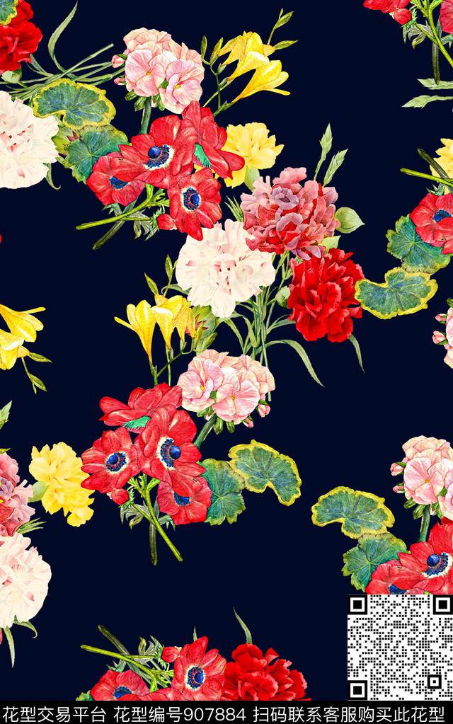 复古手绘花卉女装数码印花华亿平台下载（图片编号: 907884） - 瓦栏（Walan）