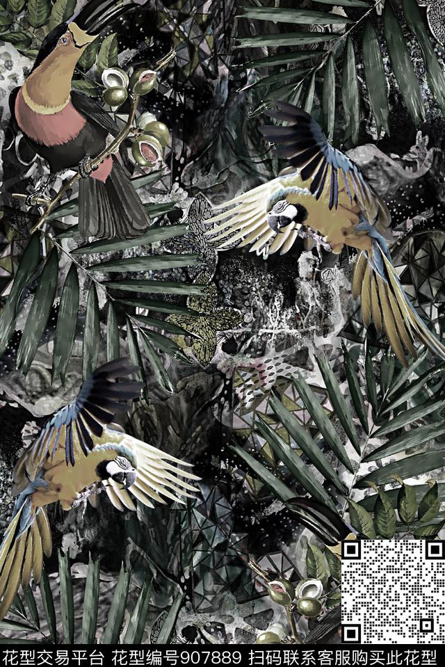 鸟潮牌绿植树叶数码印花华亿平台下载（图片编号: 907889） - 瓦栏（Walan）