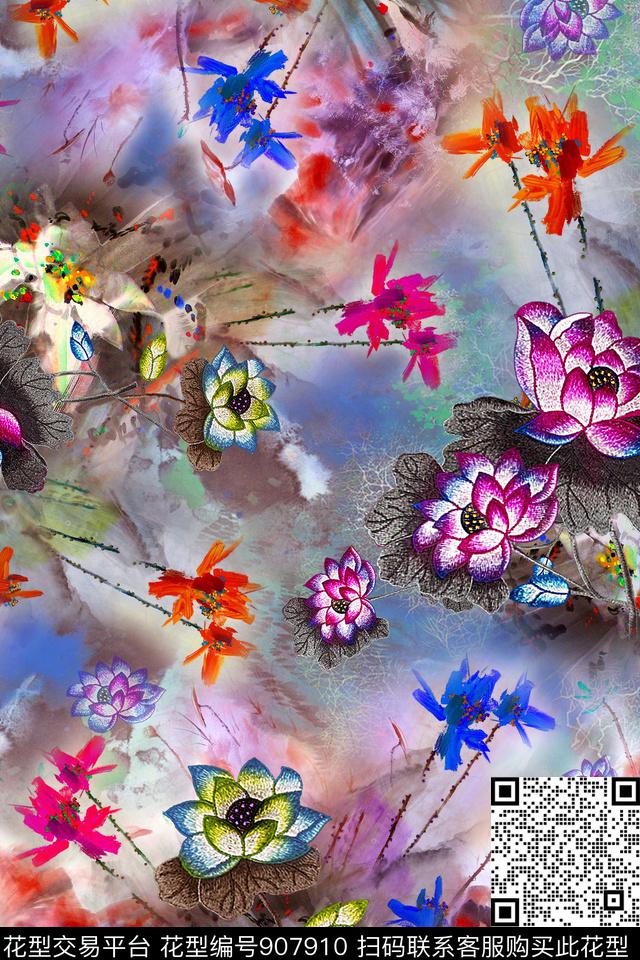 荷花花卉中国风数码印花华亿平台下载（图片编号: 907910） - 瓦栏（Walan）