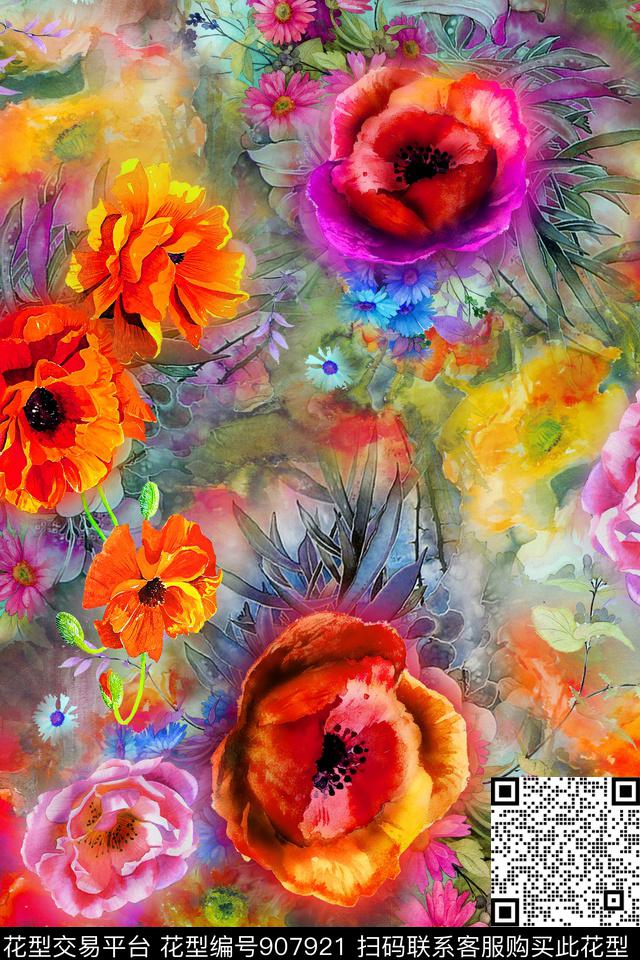 花卉牡丹大花数码印花华亿平台下载（图片编号: 907921） - 瓦栏（Walan）