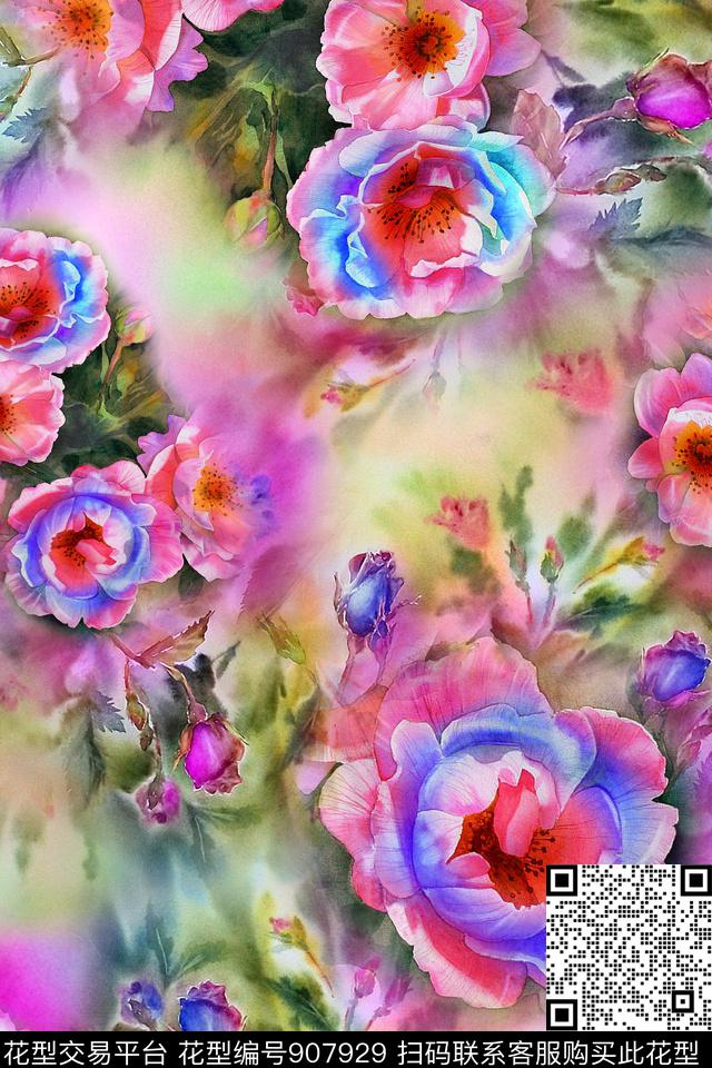 花卉牡丹大花数码印花华亿平台下载（图片编号: 907929） - 瓦栏（Walan）